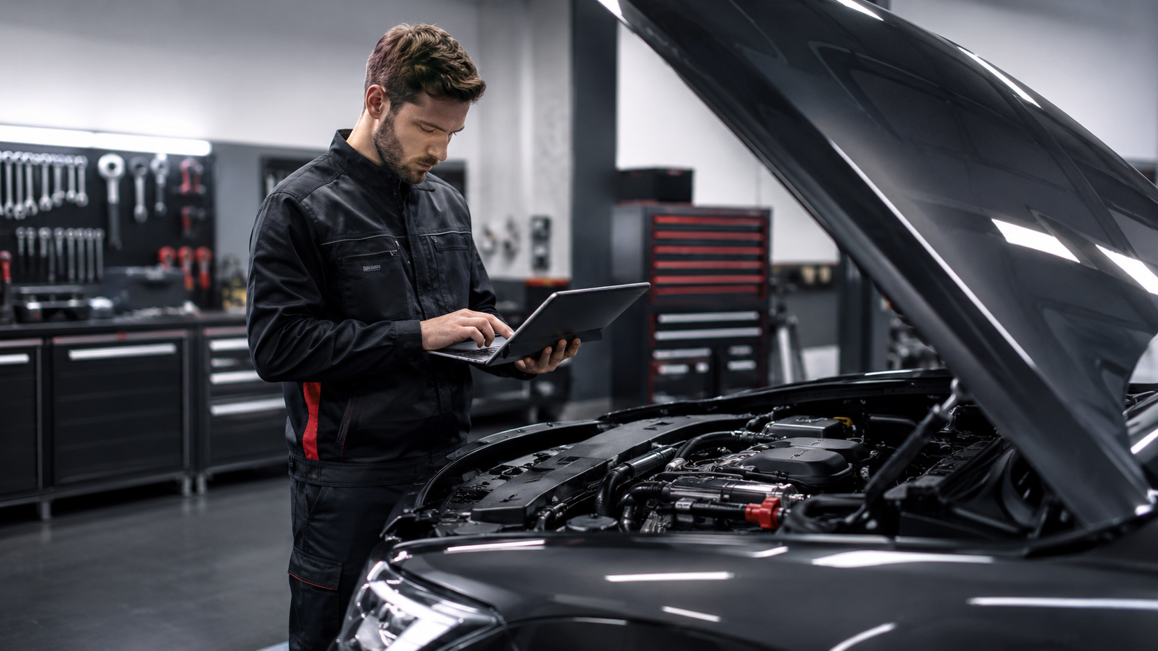 Fahrzeugtechniker analysiert ein Fahrzeug in moderner Werkstatt