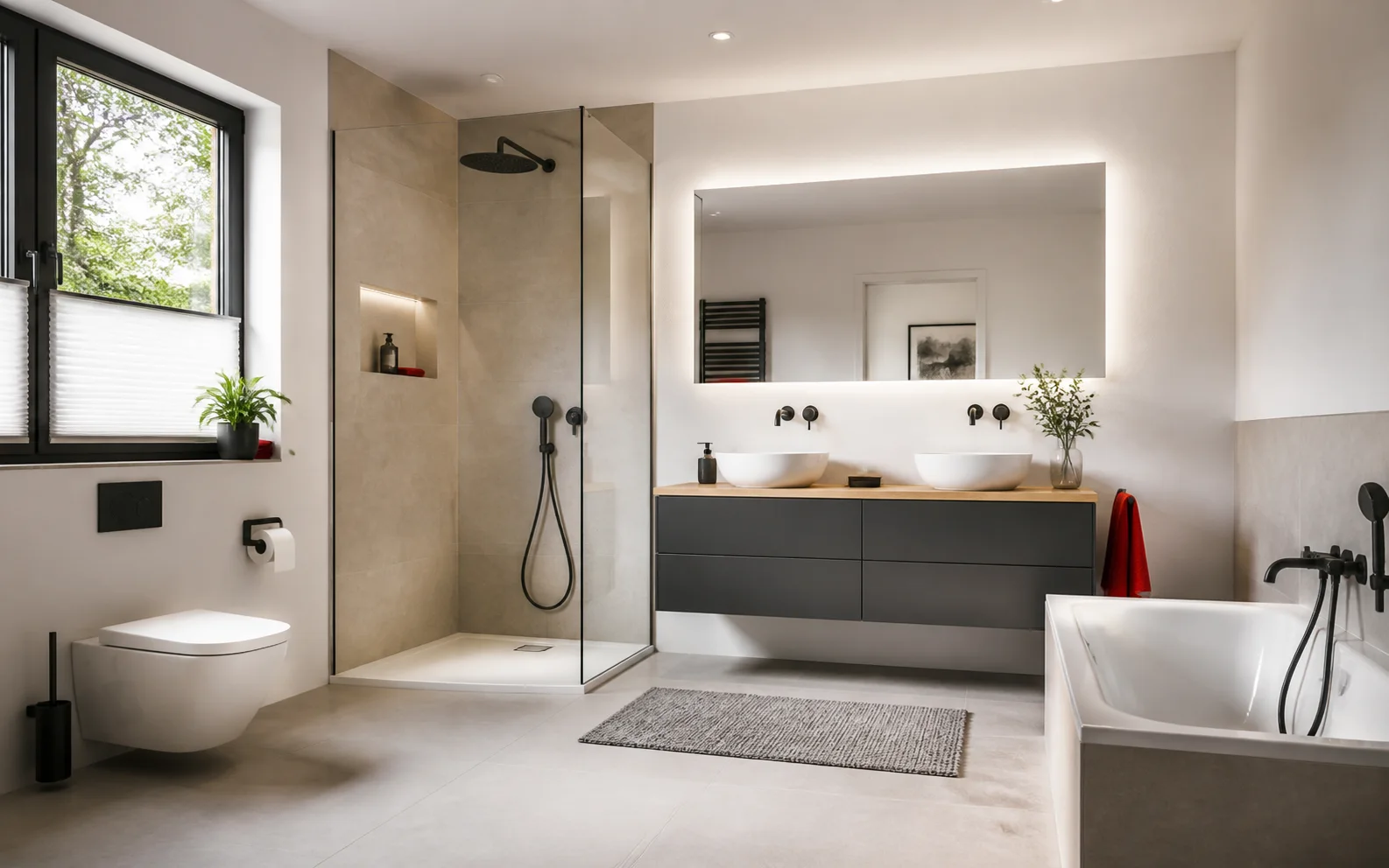 Helles modernes Bad mit Walk-in-Dusche, Wanne und Doppelwaschtisch