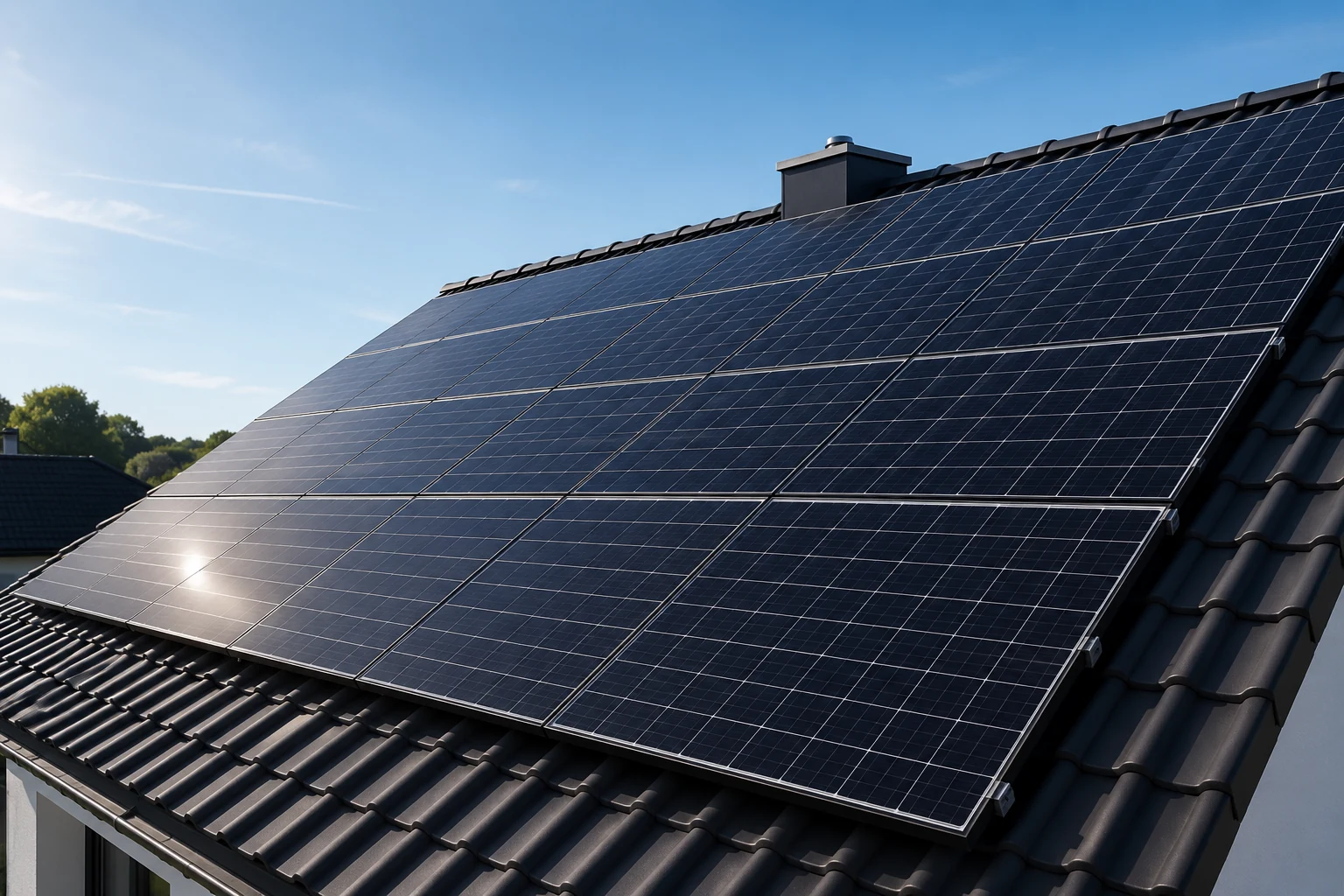 Nahaufnahme einer Photovoltaikanlage mit gleichmäßig verlegten Solarpanelen auf einem dunklen Dach