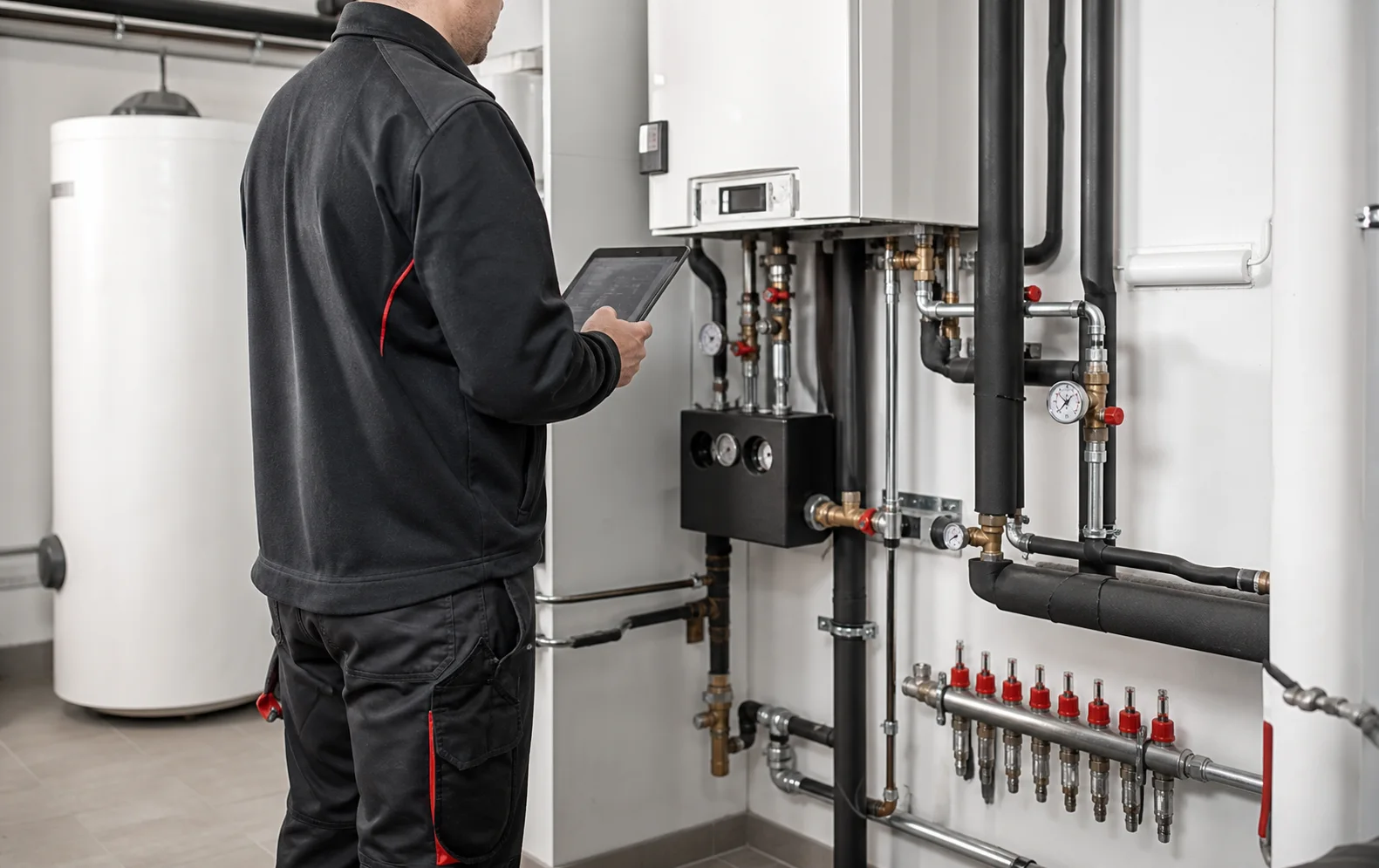 Techniker prüft Heizungsanlage in einem sauberen Technikraum